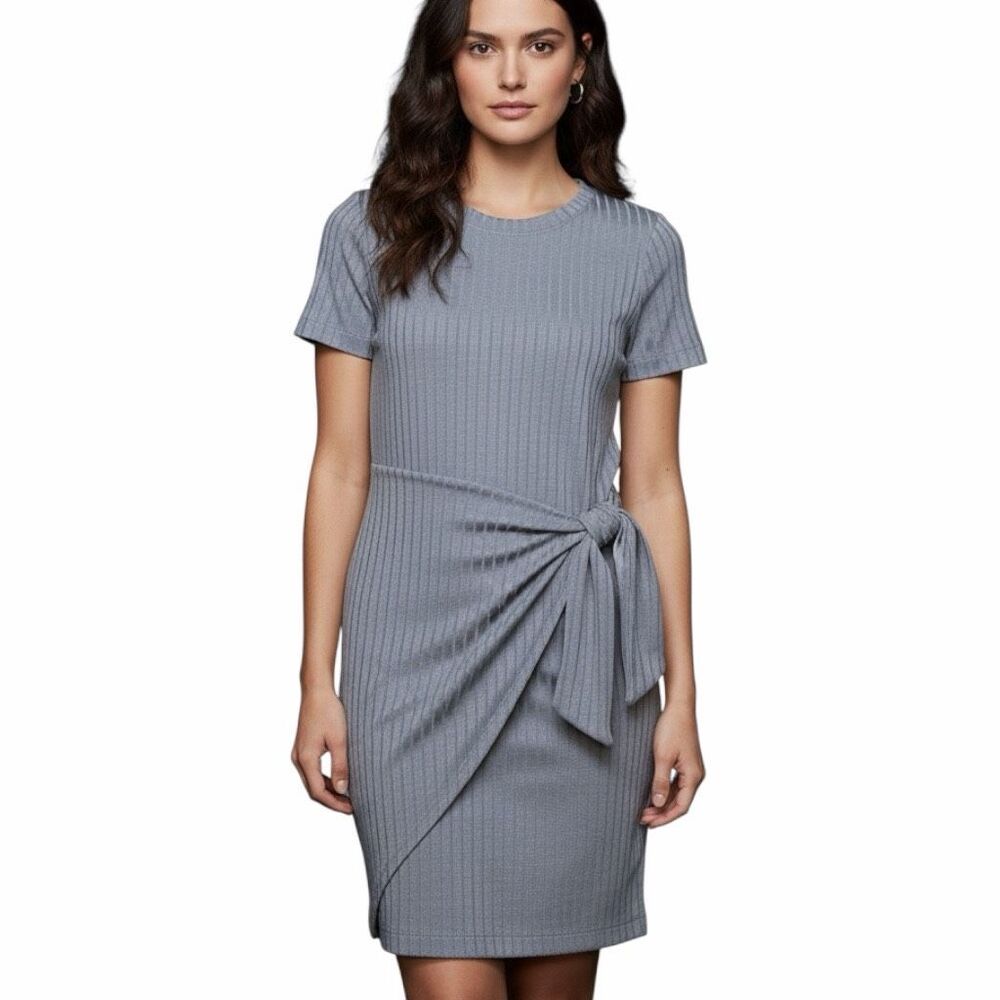 EVEREVE Women’s Blue Gray Edie Ribbed Tie-Front T-Shirt Dress Size Medium